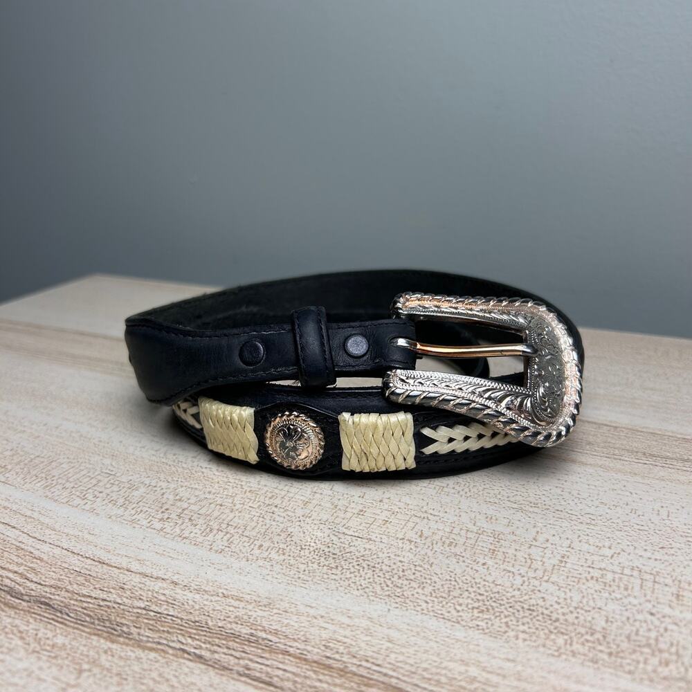 Justin Embroidered Top Grain Leather Waist Belt Tribal Western Black White XS